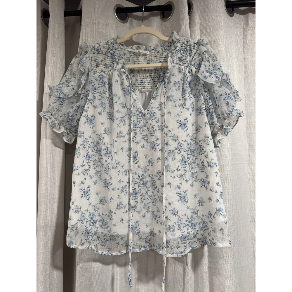 MINE Womens Blue Floral Smocked Ruffle Short Sleeve Blouse‎ Top CR1185 Small